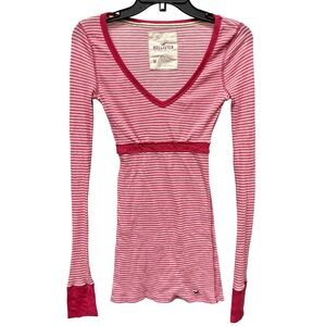 Hollister Pink White Stripe Baby Doll Long Sleeve V Neck Thermal Top Women's M